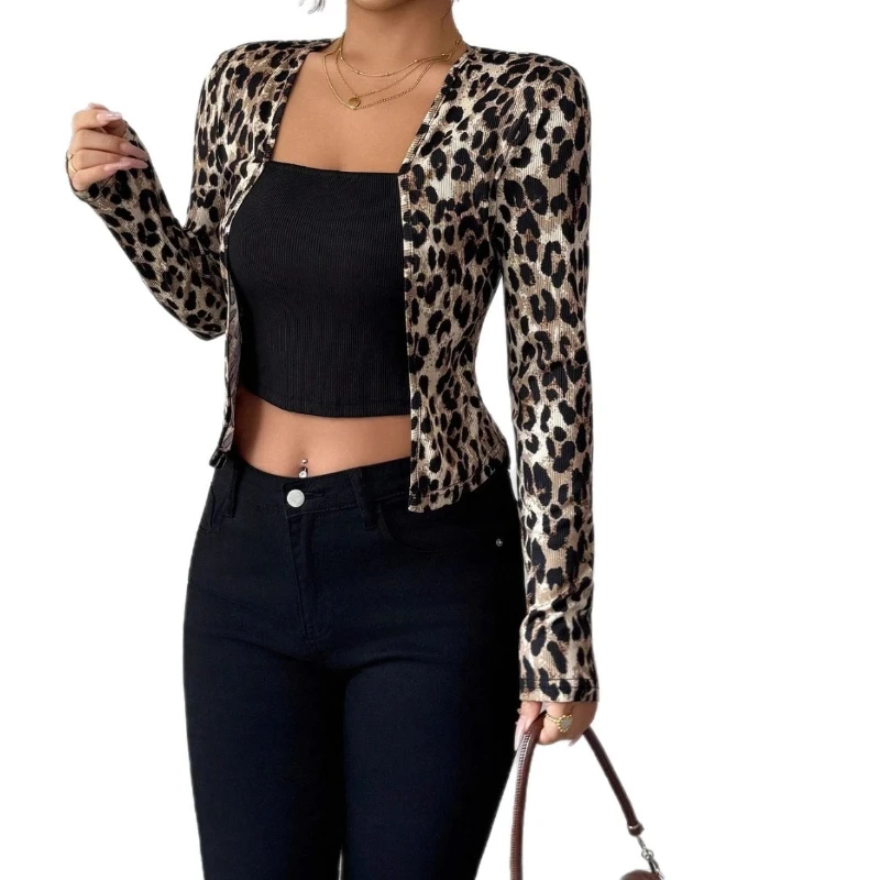 2025 الخريف والشتاء جديد ليوبارد طباعة المتناقضة اللون 2 قطعة سترة تي شيرت بأكمام طويلة المرأة