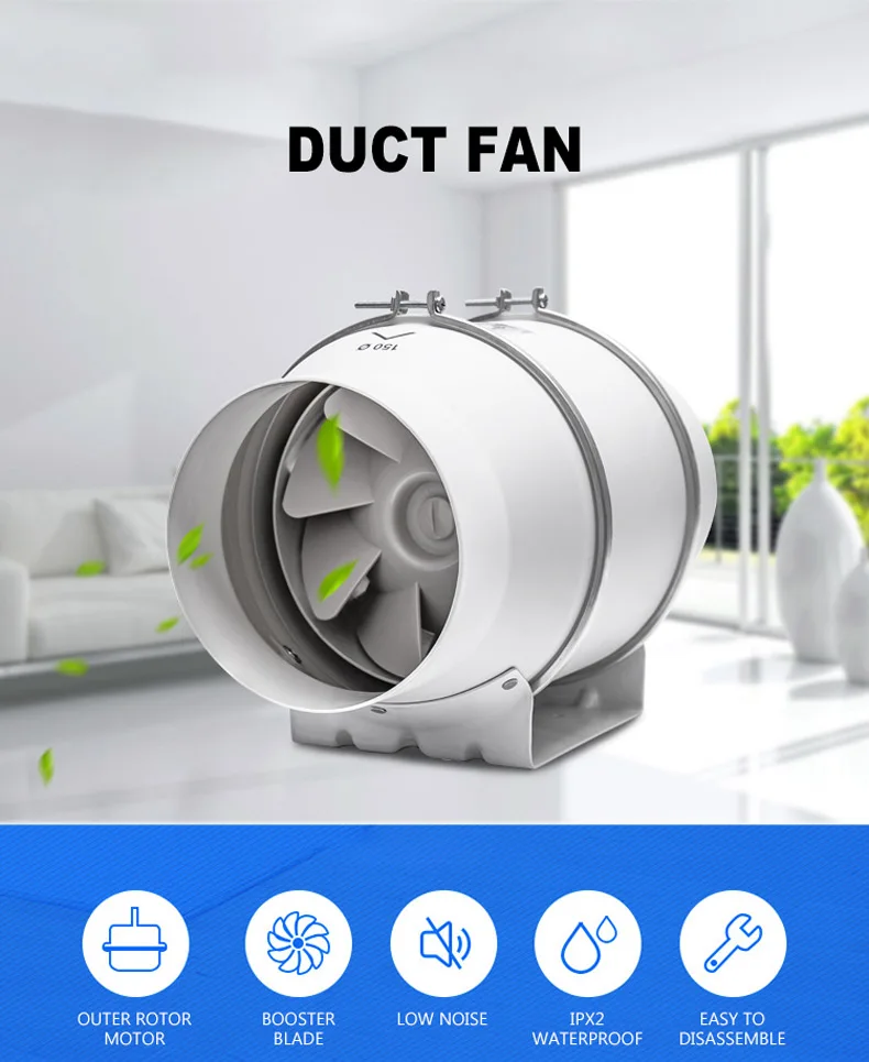 6'' Inline Duct Fan Air Ventilator Exhaust Fan Mixed Flow Inline Fan Air Extractor for Home Bathroom Ventilation Vent