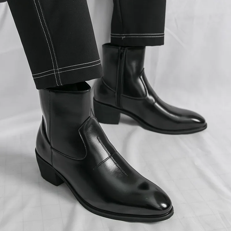 Men Pointed‑toe Chelsea Ankle Boots 2026 Autumn Side‑zip Microfiber Block Heel Height‑increasing Non‑slip Daily Footwear Black