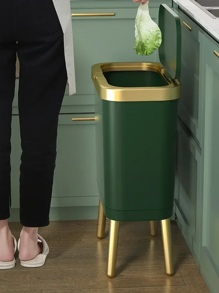 15L Luxury Golden Trash Can for Kitchen Bathroom Creative Quadruped High-foot Push-type Plastic Narrow Garbage Bin with Lid