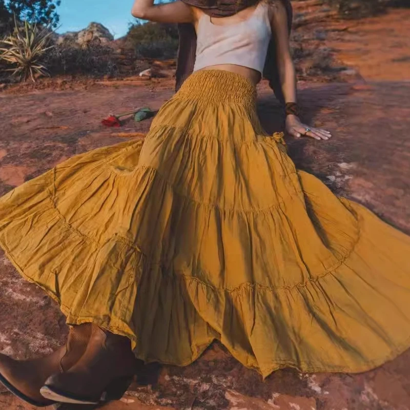 Boho Maxirock Damen Hohe Taille Urlaub Strand Drapierte Lange Röcke Patchwork Einfarbig Kordelzug Taschen Böhmischer Freizeitrock