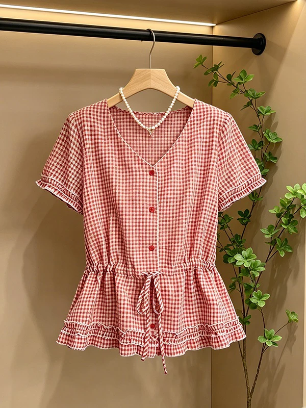 

plus Size Vintage Plaid Short Sleeve Shirt Women's Summer Slimming Top V-Neck Tied Waist Korean Style Commute Fashion