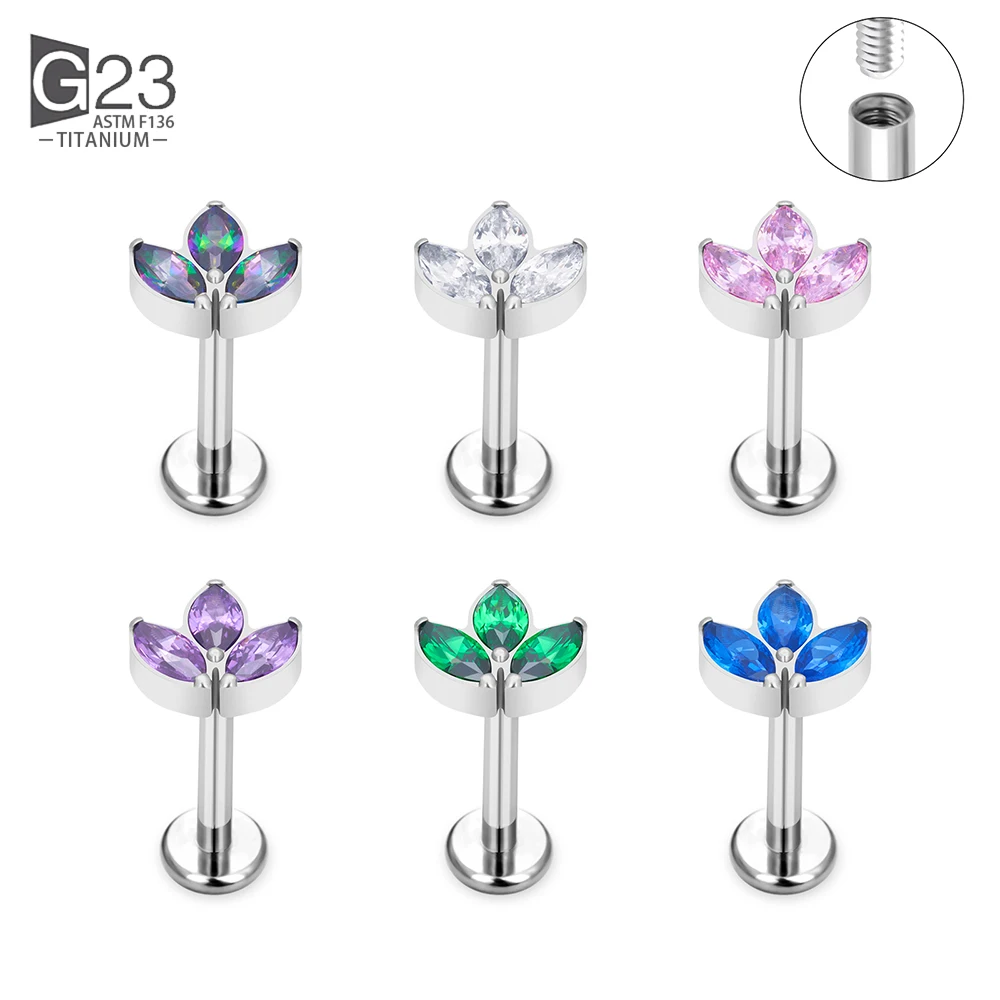 G23 Titanium PIERC Labret Earring Thread 3 Marquise CZ Paved Top Cartilage Tragus Ear Lip Stud Helix Pircing Body Jewelry Unisex view 5