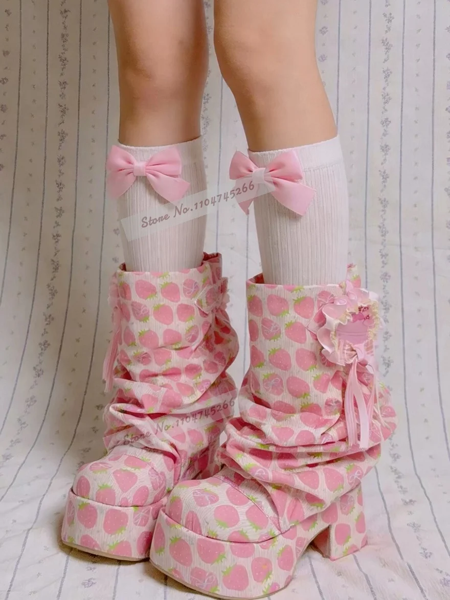 Sweet Lolita Strawberry Print Chunky Heel Mid-calf Boots Pink Ruffle Bow Slouchy Pleated Middle Boots Kawaii Y2K Cosplay Shoes