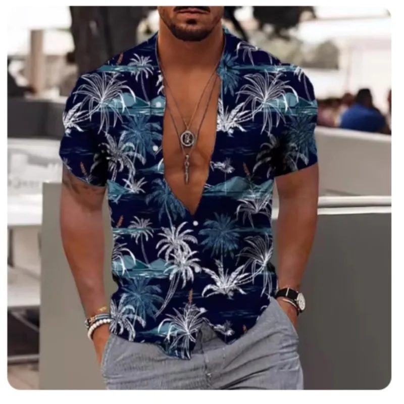 New Coconut Tree Men's Shirt Printed Patterns Hawaiian Shirt Beach Short Sleeve Fashion Casual Top Men's Cardigan Shirt Summer