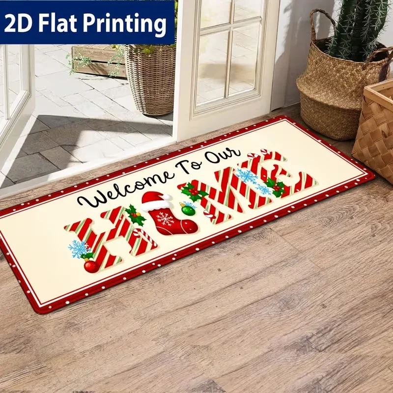 Christmas Runner Rug Welcome To Our Home Candy Letter Print Carpet Hallway Entryway Entrance Rug Xmas Holiday Indoor Decor