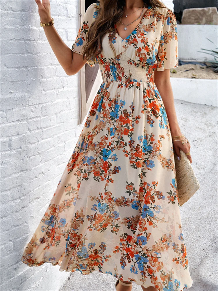 

Boho Long Dresses Women Vintage Floral Print Dress Female Summer Short Sleeve Sundress Ladies Elegant Casual Beach Vestidos