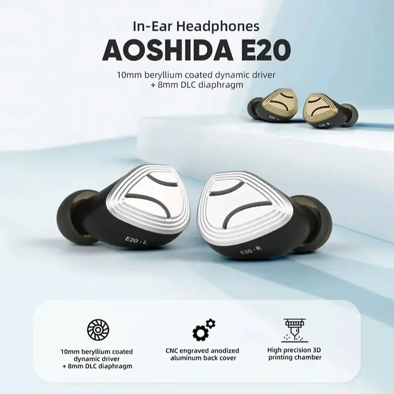 Aoshida E20 HiFi Earphone 10mm Beryllium Coated Dynamic Driver 8mm DLC Diaphragm In-ear Audio Earset