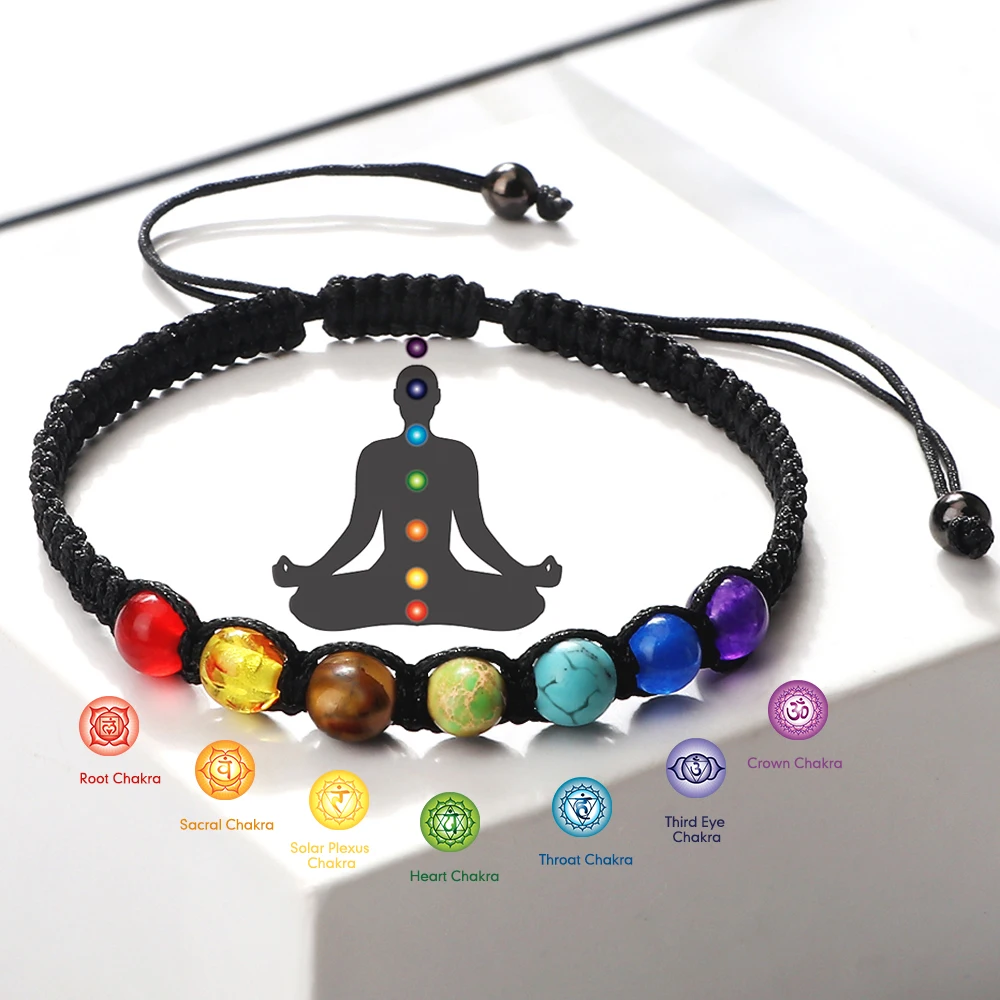 Hot 7 Chakra Beads String Bracelet Handmade 6/8mm Natural Stone Braided Yoga Reiki Healing Balance Bangles Yoga Jewelry Gifts