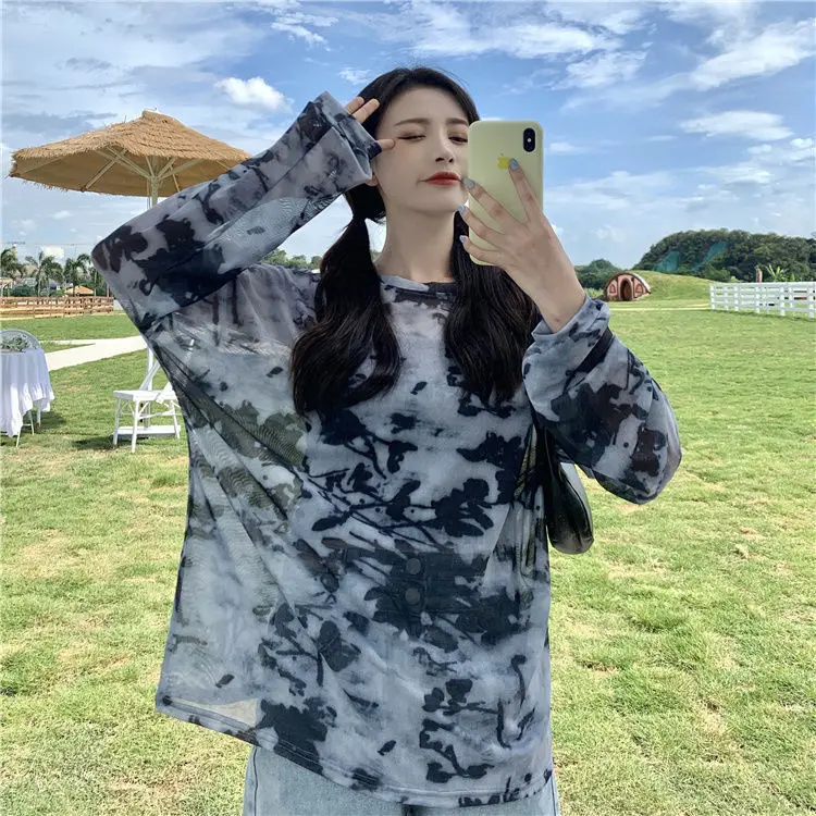 Tie Dye Long Sleeve T-shirts Women Breathable Summer O-neck Design Mesh Sun-proof Loose Tshirts Korean Style All-match Tops Chic