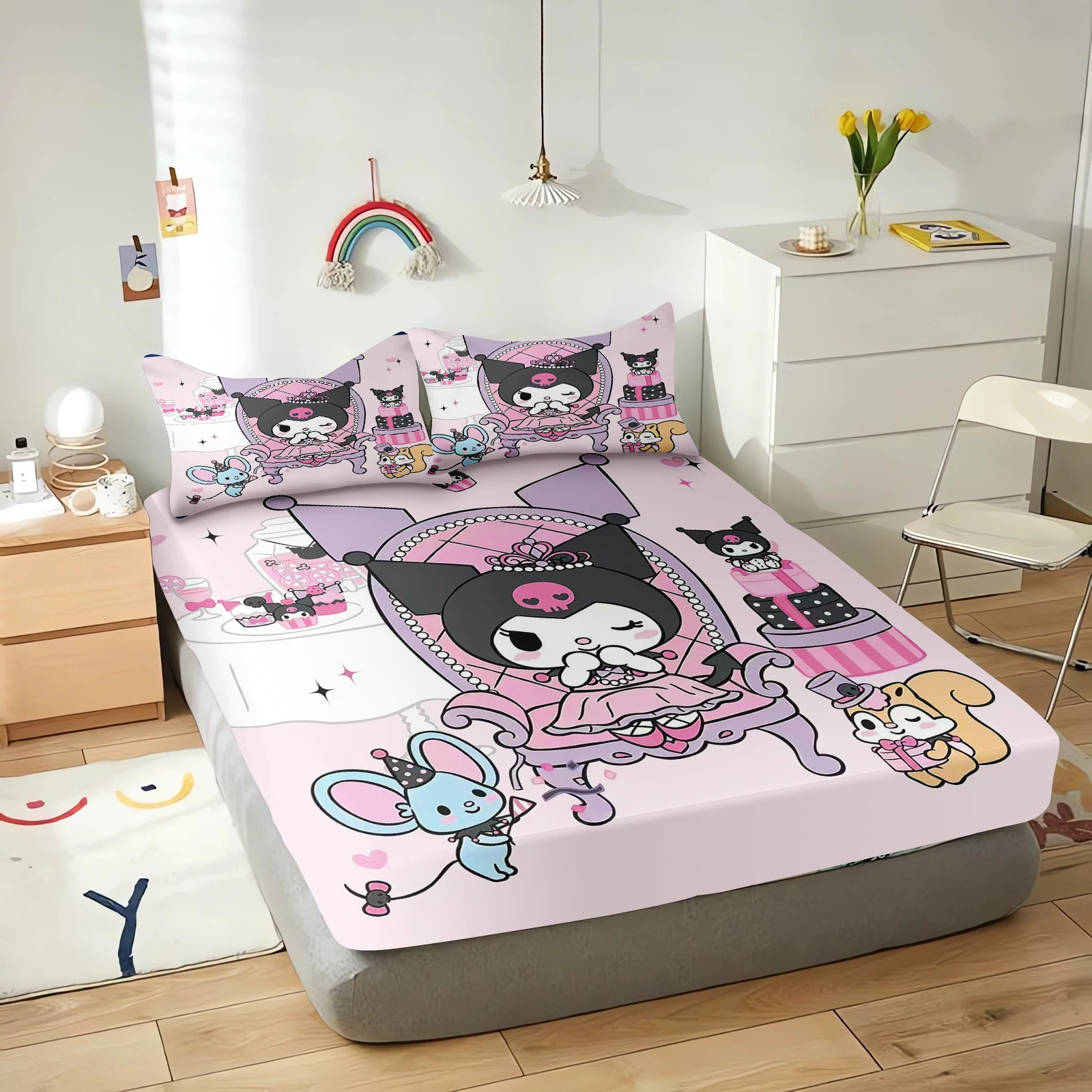 Sanrio Cartoon Fitted Sheets Kuromi Bedding Set Quilt 3D Children'S Cover Set King Size Covers Children Printed 100% Polyester