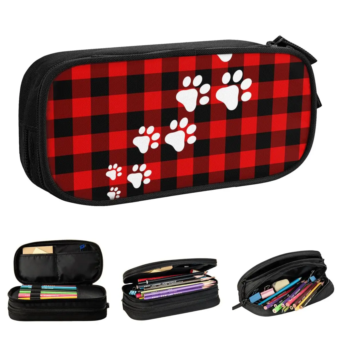 Fun Cute Snow Dog Paws Red Black Check Pencil Cases Pencilcases Pen Box for Student Big Capacity Bag Students School Stationery