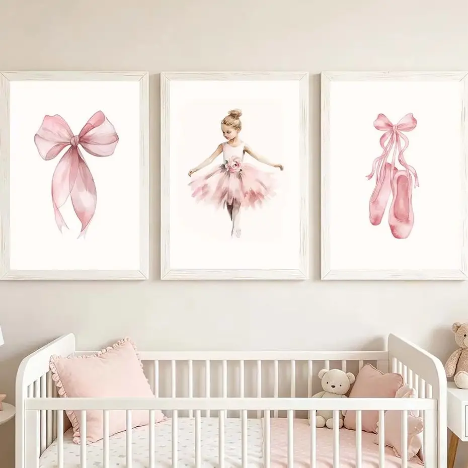 2026 Nursery Wall Art, Nordic Cute Pink Ballet Girl Canvas Painting | Baby Poster for Toddler Kids Room Wall Decor