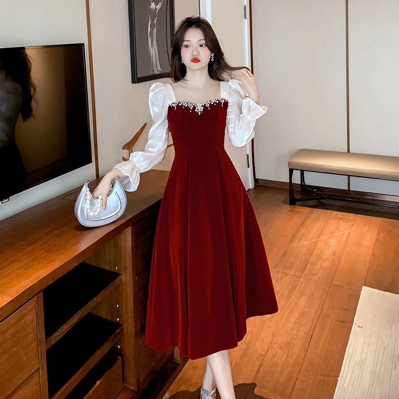 Spring Autumn Women Fashion Elegant Velvet Square Collar Midi Dresses Vintage Female Party A Line Patchwork Dress Clothes