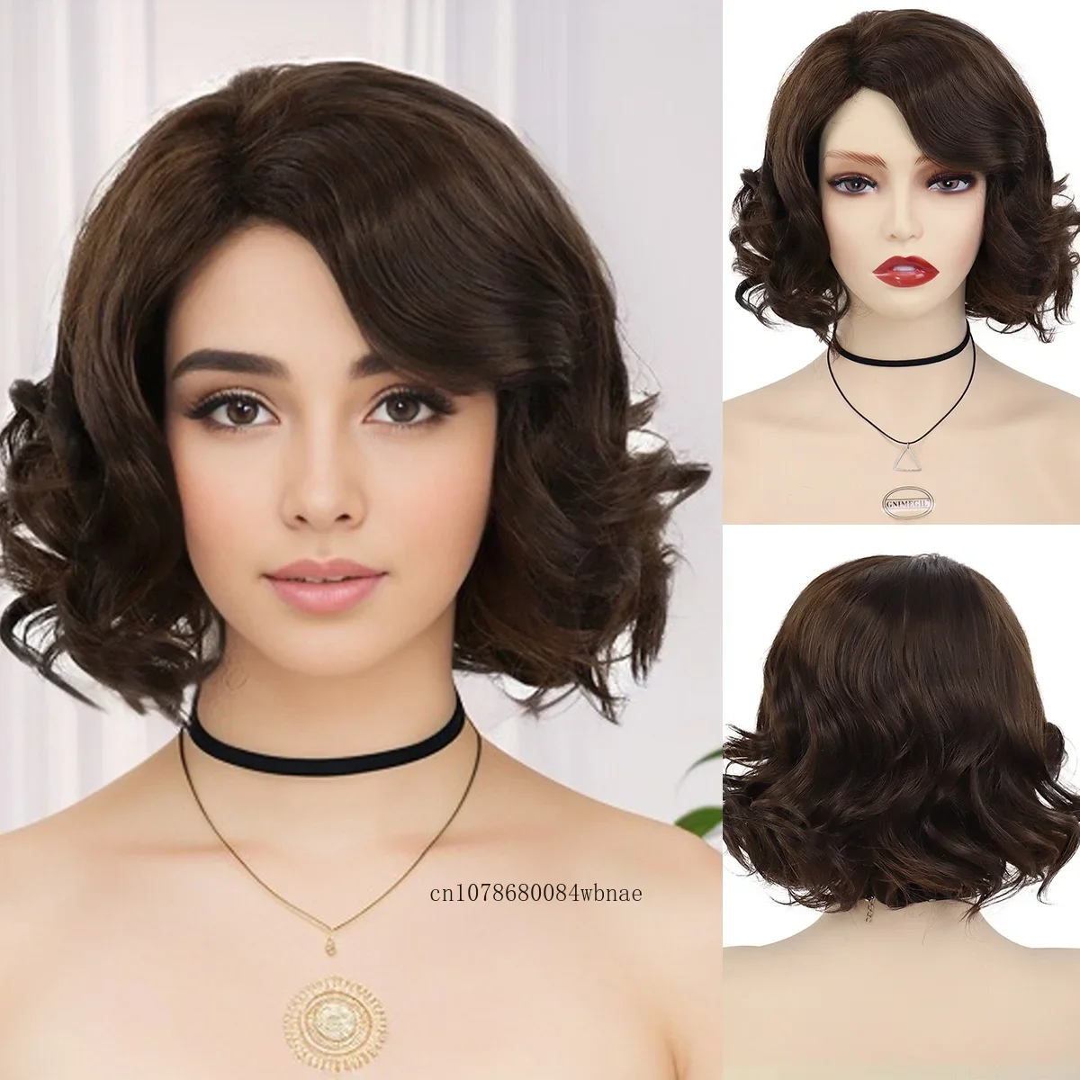 

Synthetic Short Brown Wavy Wig with Bangs for Women Bob Curly Women's Charming Wigs Heat Resistant Hair Daily Party Costume Use