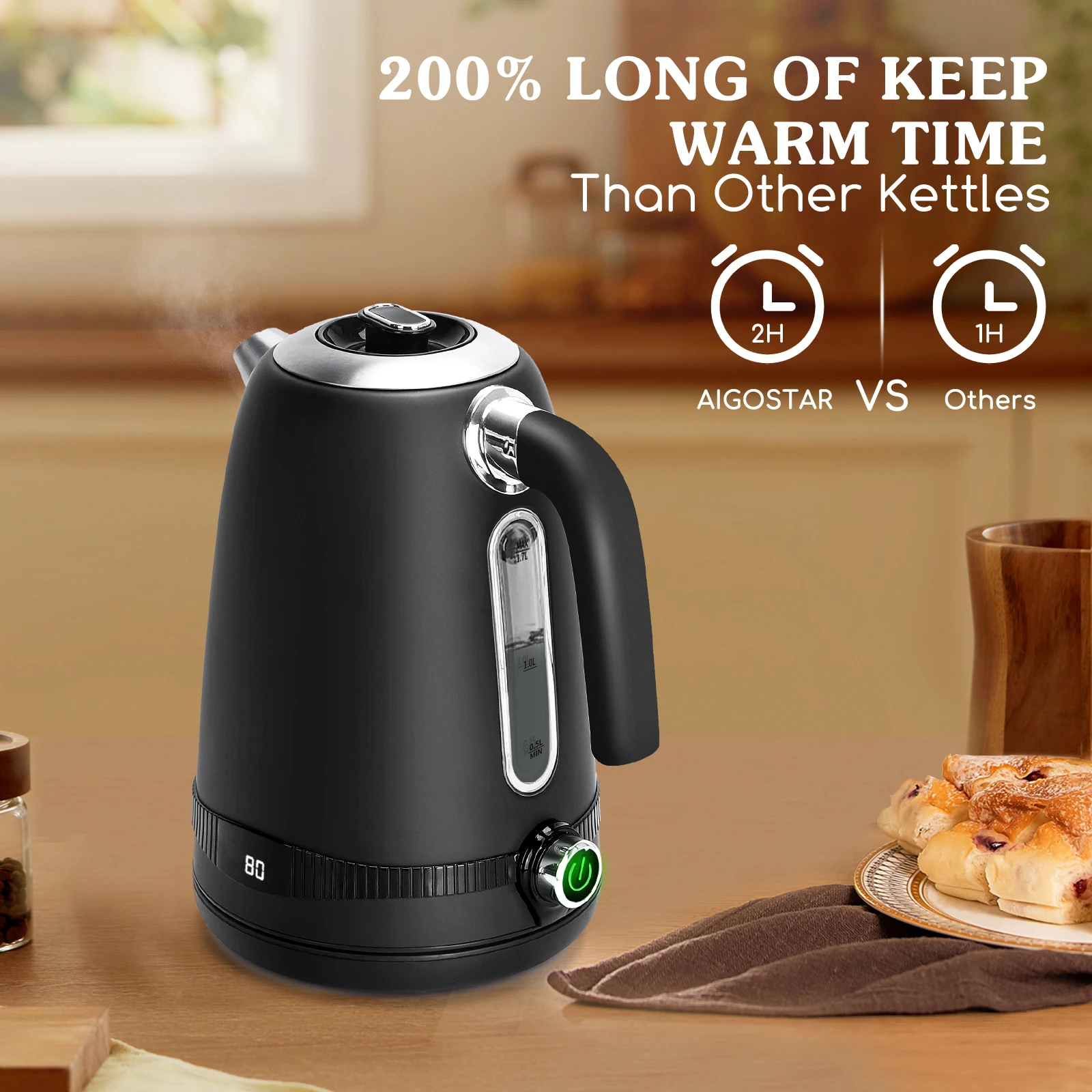 غلاية كهربائية ايجوستار 2200 وات 1.7 لتر من الفولاذ المقاوم للصدأ درجة حرارة قابلة للتعديل. أسود