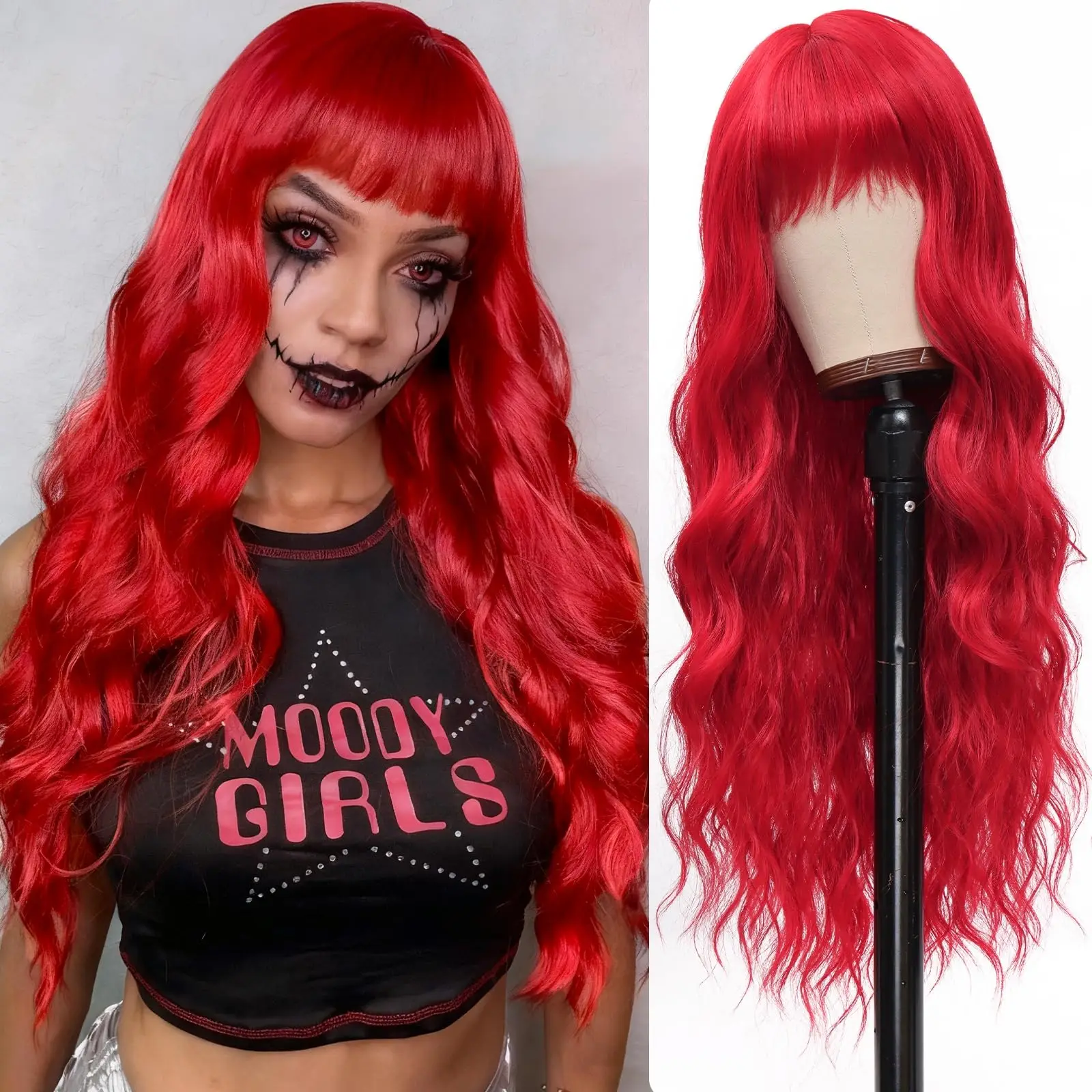 Red 26-inch Synthetic Wig with Big Waves for Party, Halloween Cosplay, Daily Costume, Festival, High-Temperature Hair Accessory