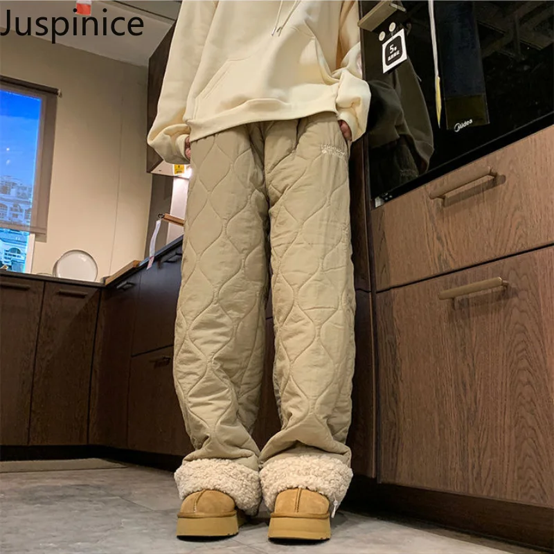 

Winter Velvet Windproof Large Size Thickened Pants Men's Ski Plaid Quilted Straight Casual Loose Trousers Bottom Male Clothes