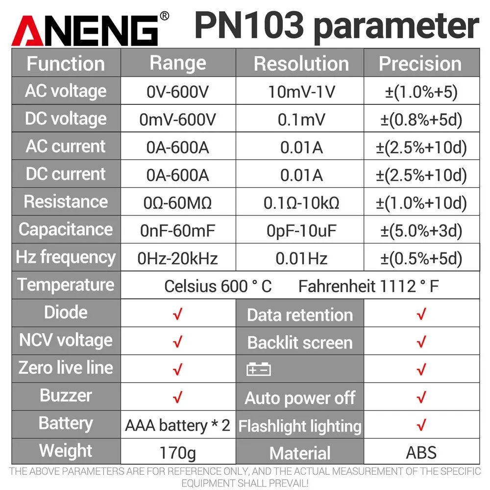 ANENG PN103 6000 отсчетов цифровой клещи мультиметр 600A AC ток AC/DC тестер напряжения Гц Емкость NCV Ом диодные тестеры