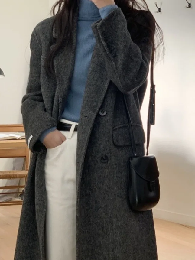 

Retro Woolen Coat Jaet Women Chic High-End Feeling Mid-Length Thiened Loose Tweed Top Trendy Long Sve Suit Collar