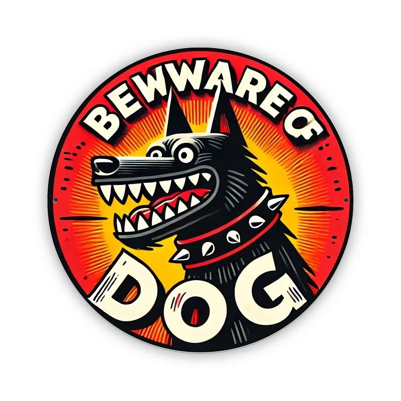2D Flat, 2D Wall Art – Rundes Metallblechschild „Beware of Bad Dogs“ Kunstwerk, Vintage Metall Rundes Blechschild Dekoratives Wandposter Gi