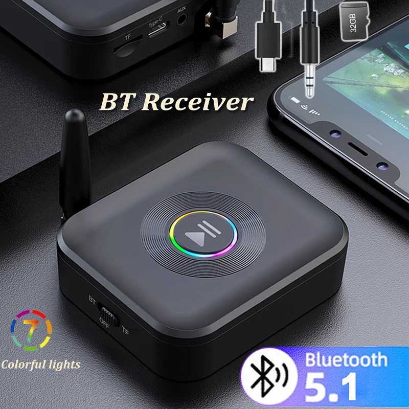 Bluetooth 5.1 Audio Receiver 50M Colorful Light Stereo Wireless Audio Adapter Support BT Mode TF Card for PC Speaker Headphone