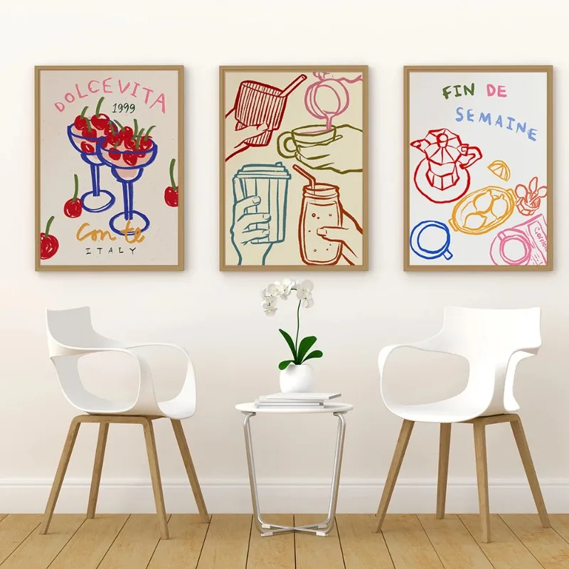 Vintage Cocktail Matcha Latte Coffee Cups Fruit Orange Posters and Prints Canvas Printing Wall Art Picture for Kitchen Bar Decor