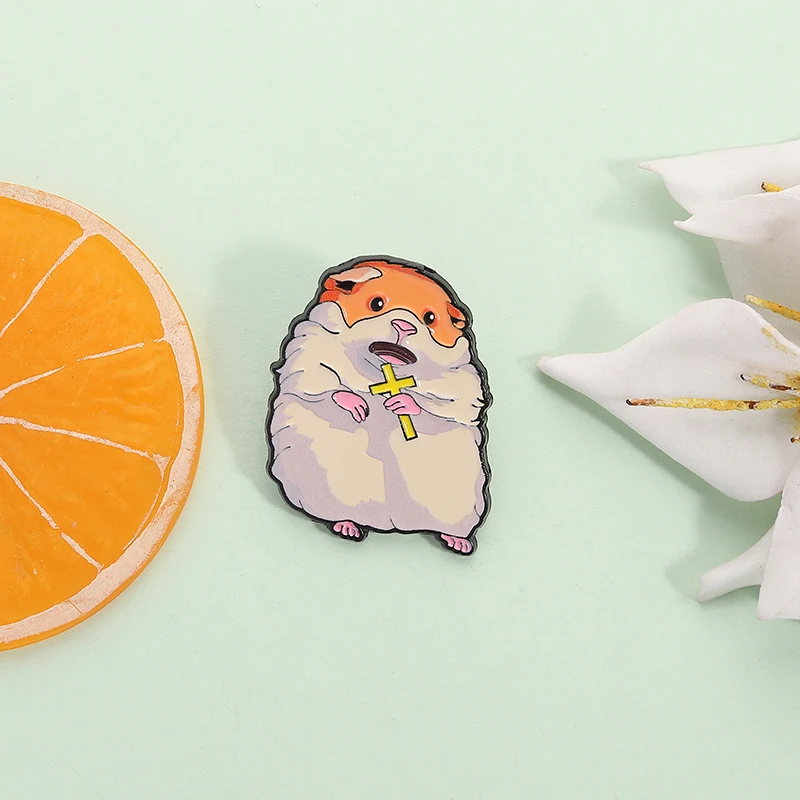 Cute Screaming Hamster with a Cross Enamel Pin Cartoon Animal Metal Brooch Lapel Backpack Funny Jewelry Gifts for Kids Friends