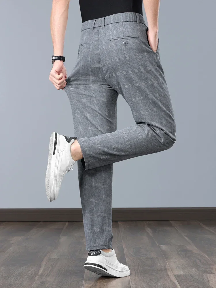 Men Slim Business Pants Summer Thin Casual Pant Fashion Plaid Formal Stretch Grey Black Male Clothing England Trousers