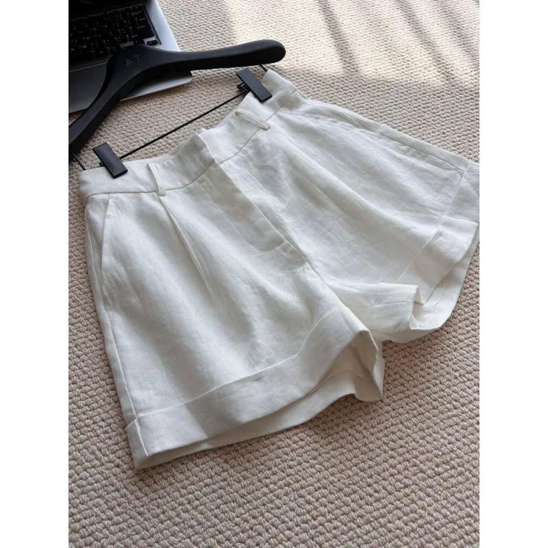High Waist A-Line Shorts Linen Flip-Edge Casual Summer 2026 Women's Wide Leg Three-Quarter Length No-Pocket No-Lining Shorts