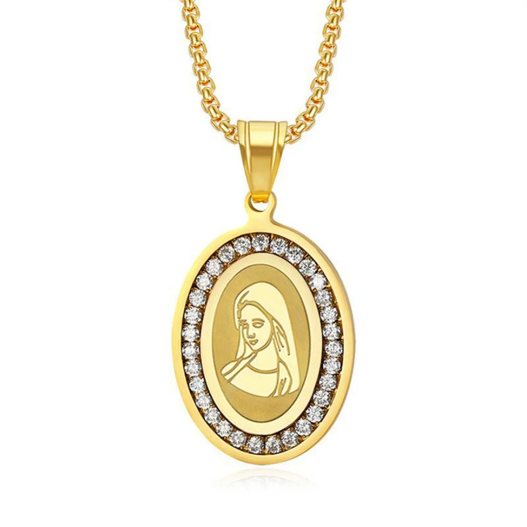

Religious Iced Out Tennis Virgin Mary Medal Pendant Gold Silver Color Stainless Steel Rhinestone Oval Necklace for Women Jewelry