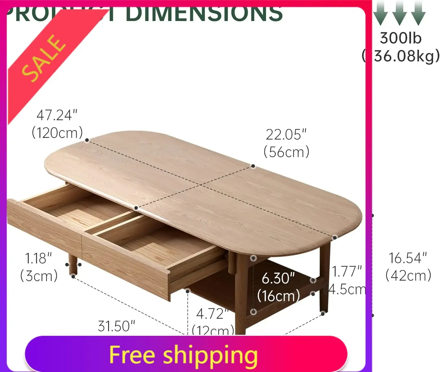 100% Solid Wood Coffee Table for Living Room, 2-Tier Coffee Table with 2 Drawers and Shelf Storage, Mid Century Modern Table for