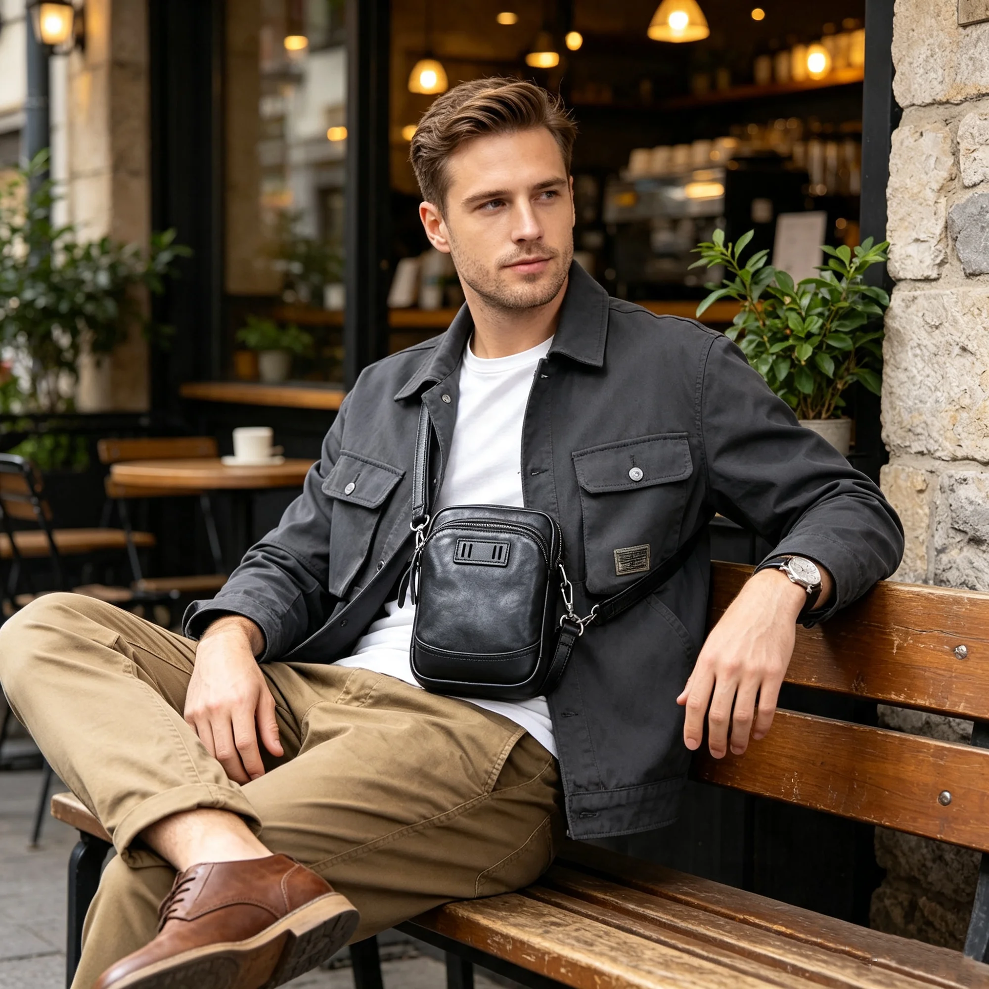 Echte Leder-Umhängetasche für Herren, Crossbody-Taschen, einfache Rindsleder-Gürteltasche, Top-Layer-Leder, modischer Casual-Stil – Detail 3