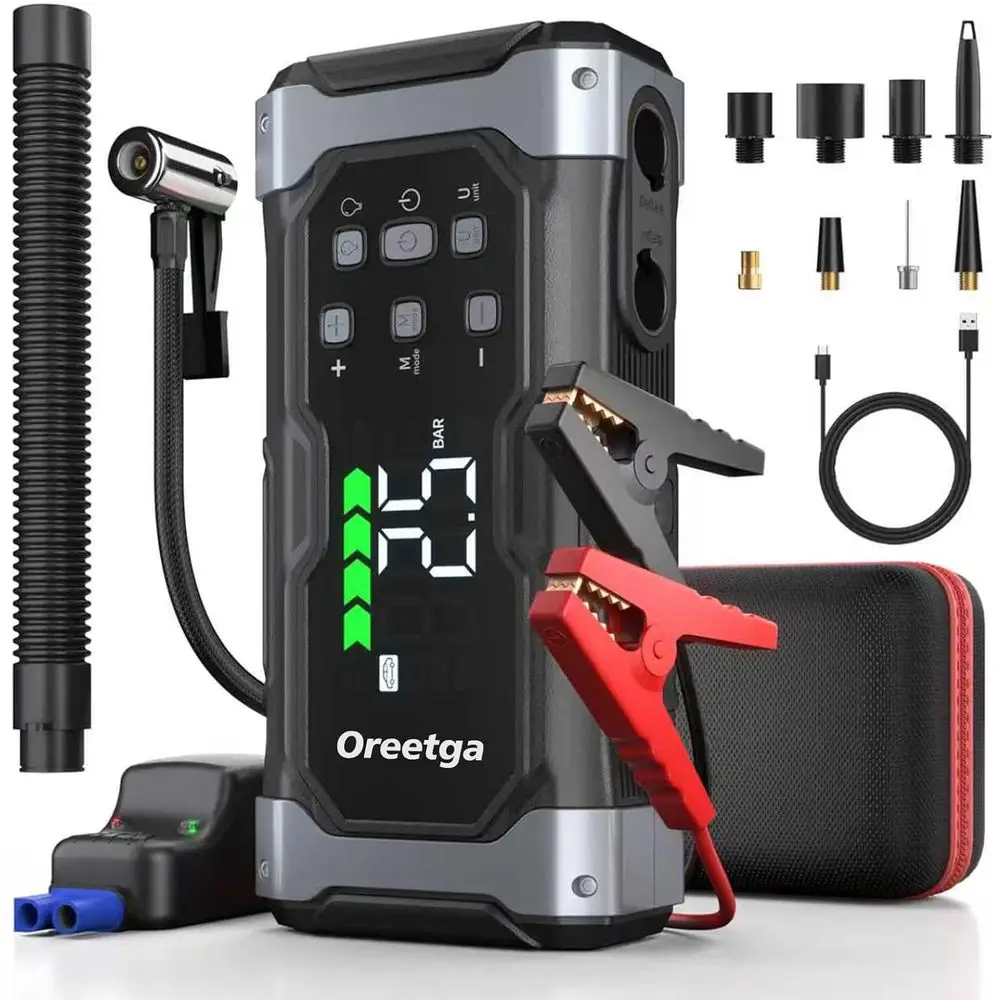 

9000A Car Jump Starter, Air Compressor & Tire Inflator, 9-in-1 Portable Power Pack for All Gasoline Vehicles