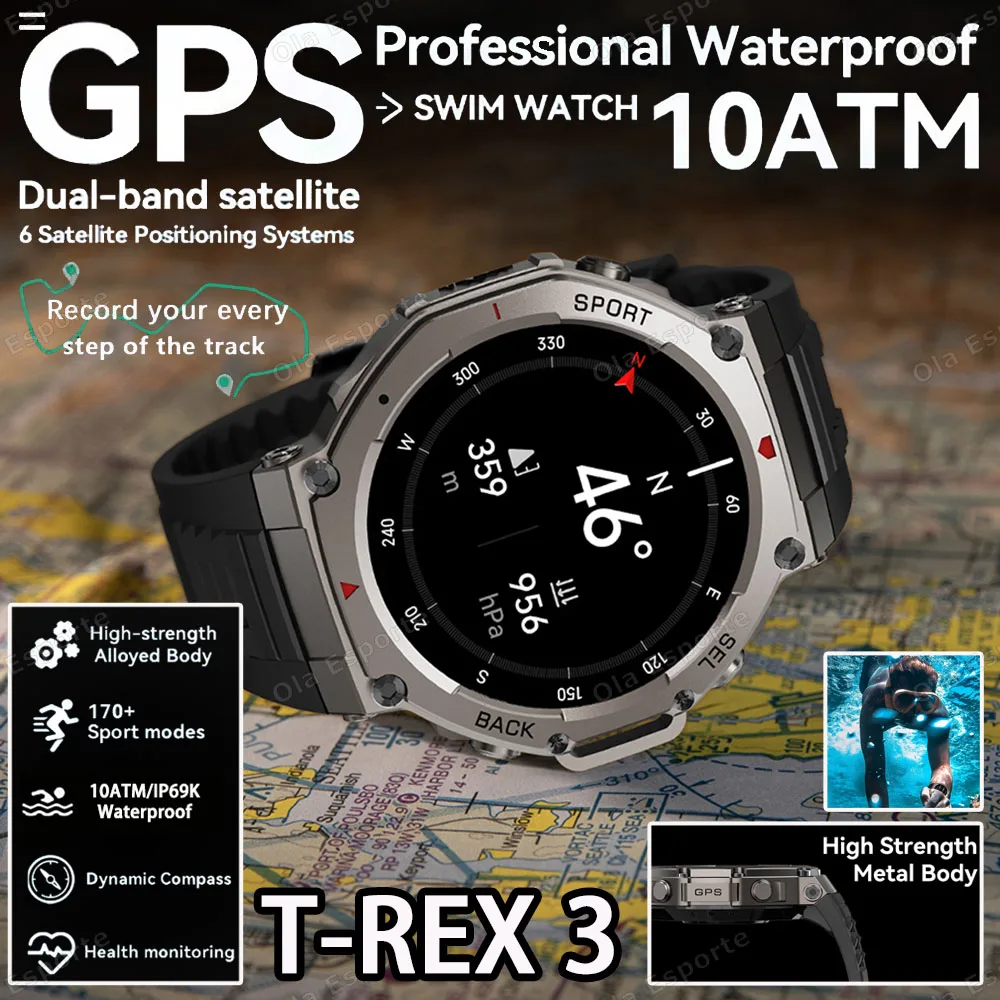 

T-Rex3 GPS AMOLED Screen Smart Watch Military Smartwatch Men Waterproof Built-in Dual-band GNSS Compass Outdoor Sports Watches
