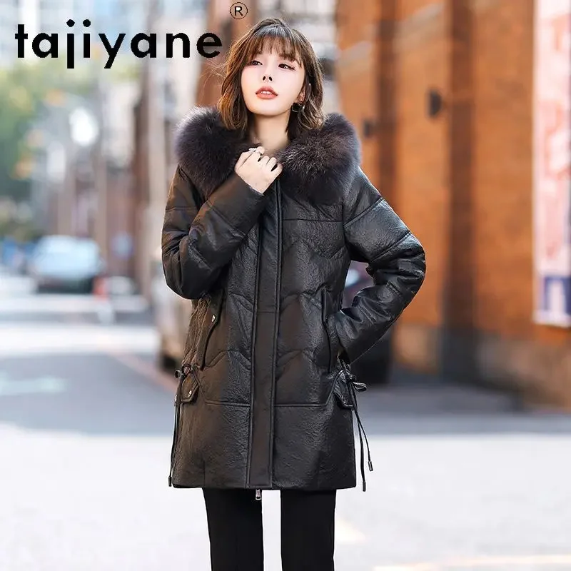 

Real Tajiyane Sheepskin Leather Down Jacket Women Winter Mid-length Loose Coats Fox Fur Collar Hooded Parkas Chaqueta Mujer