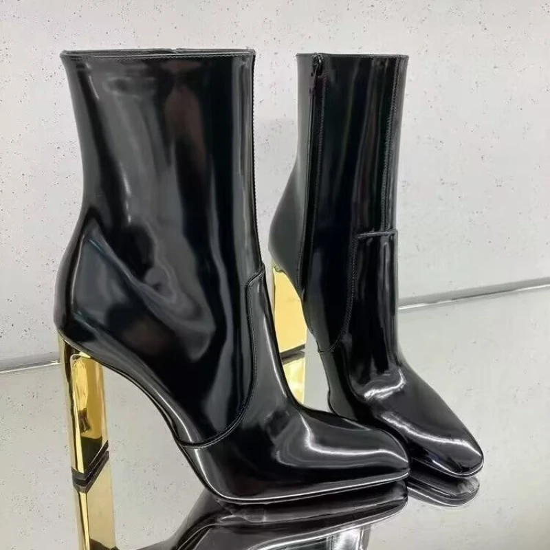 

European and American Fashion Versatile Metal and Patent Leather Pointed Short Boots Side Zipper High Heel Fashion Women's Boots