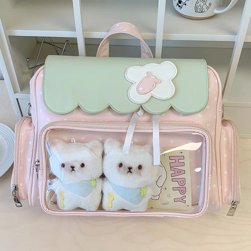 Sweet Polka Dot Ita Bag,pink Green Transparent Multi-pocket Doll Display Tote Bags,cute Backpack/handbag For Students Commuters