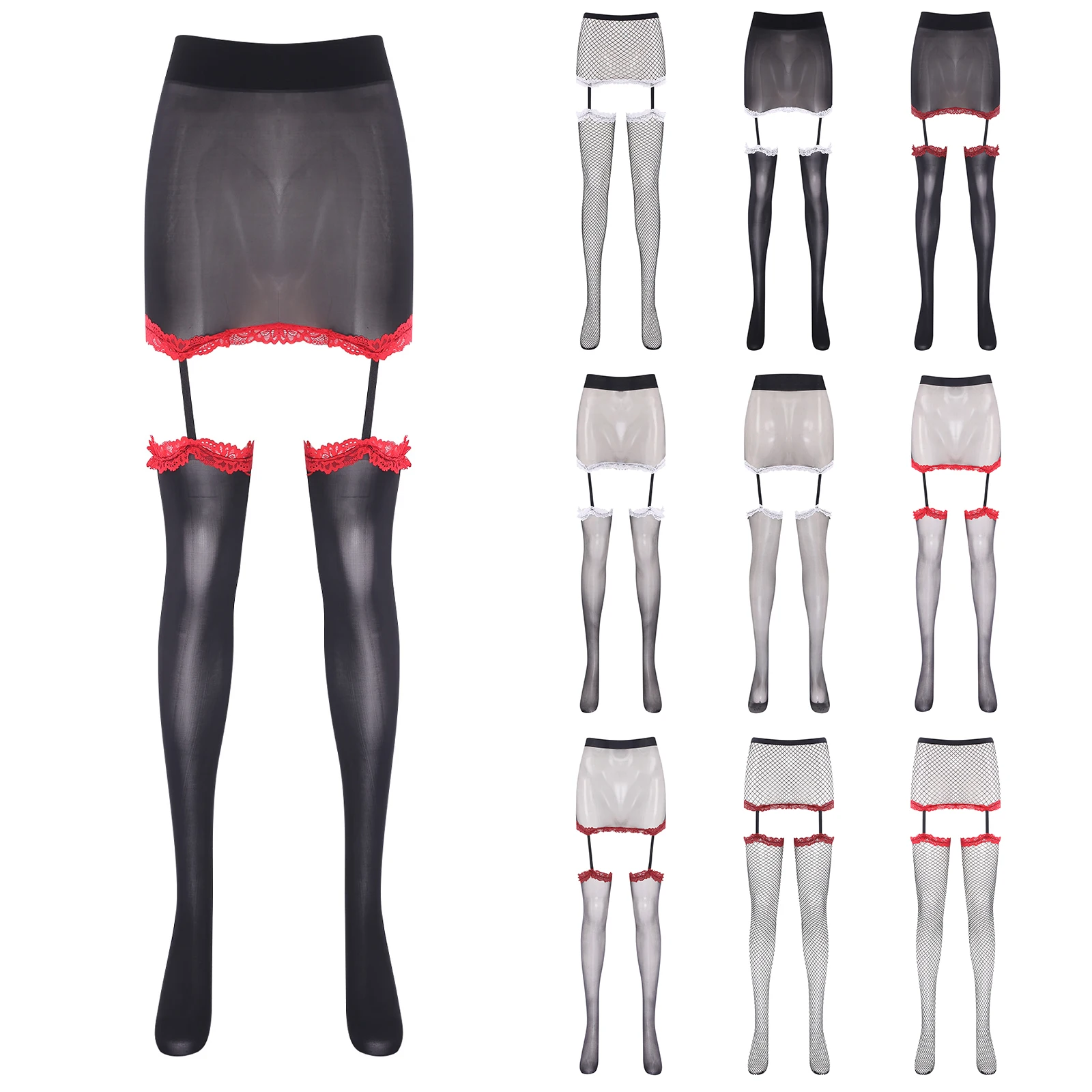 

Women Black Red Lace Trim Ultra Thin Stocking Skirt Sexy Glossy Stretchy High Tight Pantyhose for Couple's Role Play Nightwear