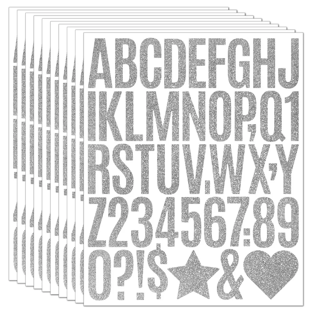 5 hojas de pegatinas de letras con purpurina de A-Z en inglés, pegatinas de letras grandes del alfabeto brillantes de 2/1, 5 pulgadas, corazón de estrella