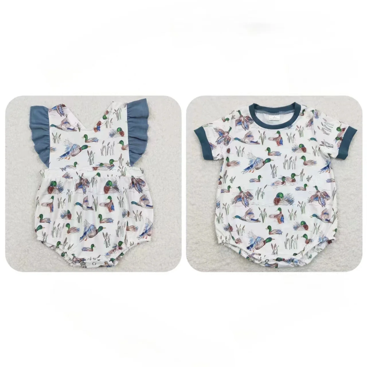 

Wholesale Toddler Short Sleeve Ducks Bubble Children Buttons One-piece Matching Baby Boy Girl Newborn Kids Romper Blue Clothes