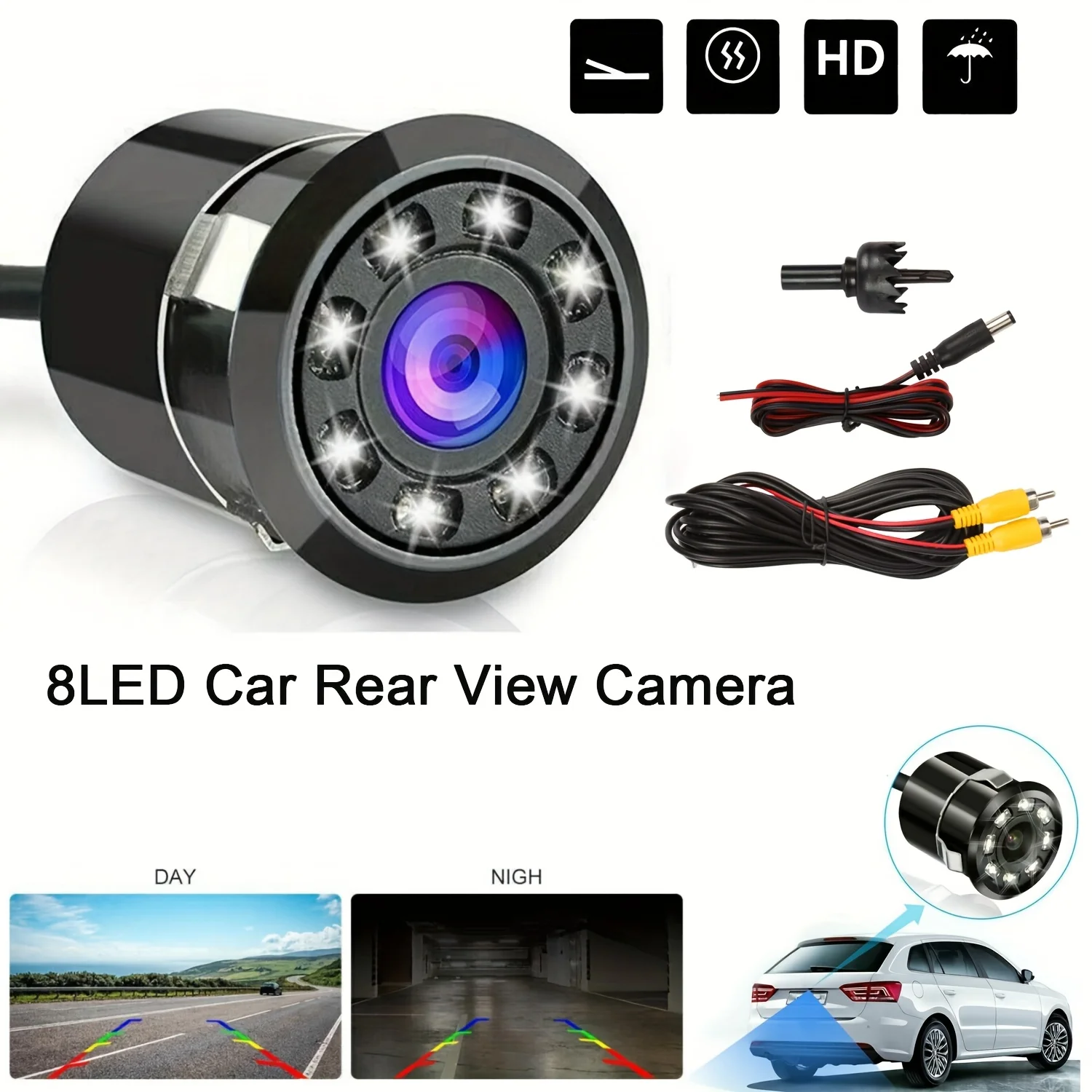 Compact Reversing Camera with 8 LEDs and Night Vision - Universal rear view solution for cars, SUVs, trucks and RVs.