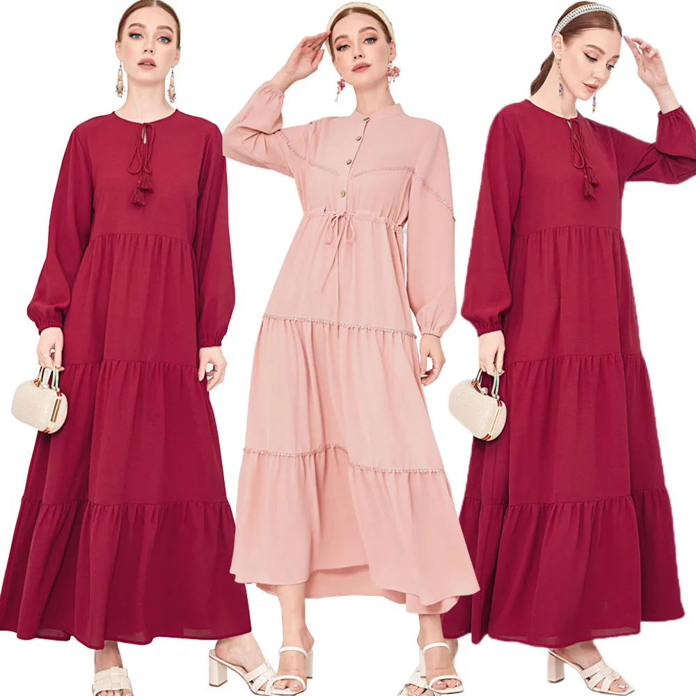 

Muslim Abaya Solid Color Fashion Long Sleeve Robe Musulman Elegant Casual Kaftan Women Maxi Dress Ruffles Buttons Tassel Caftan