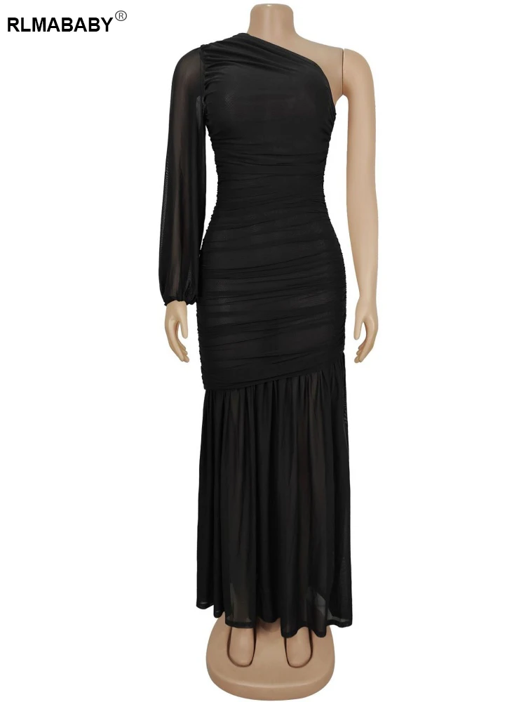 RLMABABY Sexy Inclined Neck One Shoulder Sleeve Sheer Mesh Bodycon Long Dress Women Gown Backless Drapped Folds Party Maxi Dress