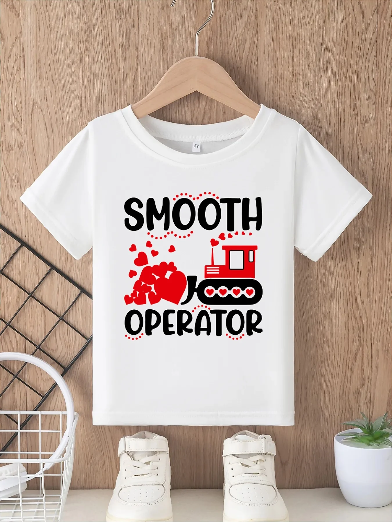Valentine's Day Boys' T-shirt smooth operator Letter Printed Bulldozer pattern printed soft casual round neck short sleeved top