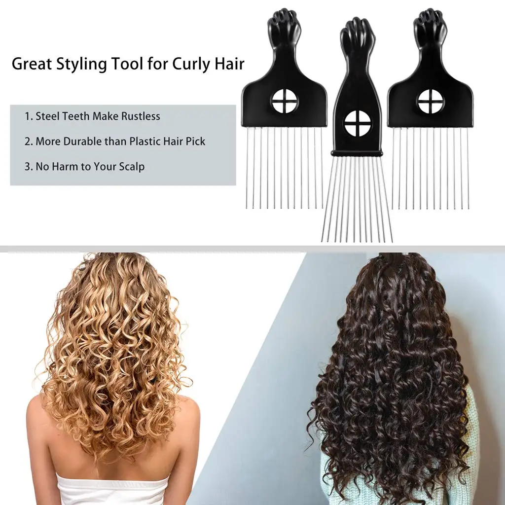2/3 Piece Afro Fork Comb Stainless Steel Wide Teeth Hairdressing Brush Metal Pins Pick Hair Styling Tools Insert Curly Hair Comb