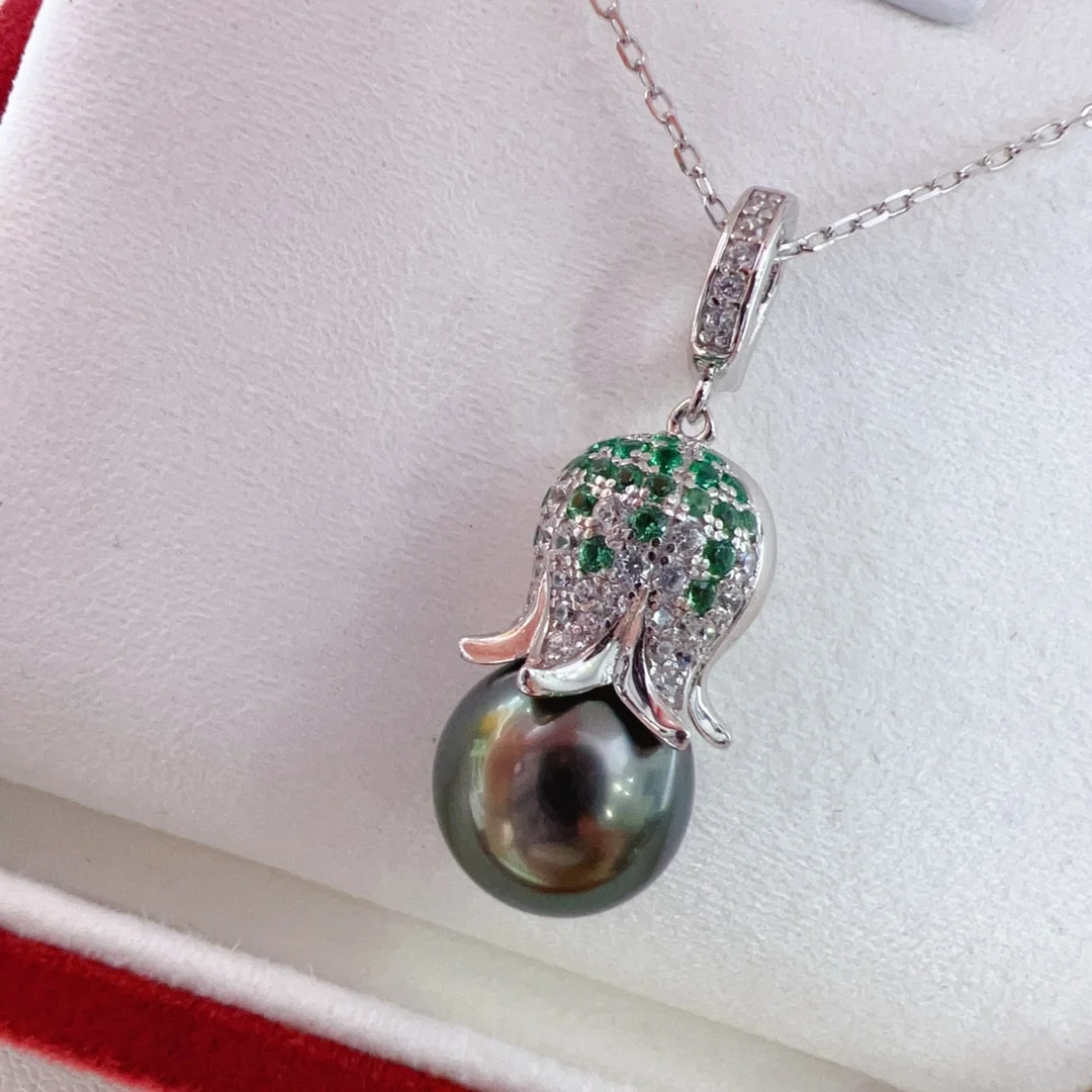 MeiBaPJ 9-10mm Natural Rice Pearl Green Zircons Tulips Pendant Necklace 925 Sterling Silver Fine Wedding Jewelry for Women