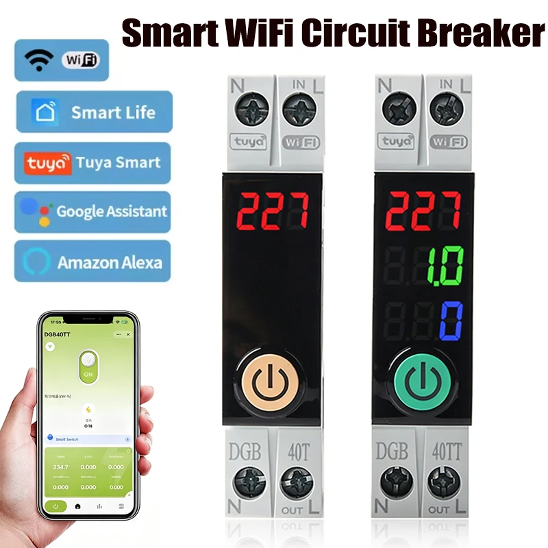 DIN Rail Type Tuya WiFi Circuit Breaker Voice Remote Control Metering Over Current Voltage Protection Smart Switch Timer 1P 63A