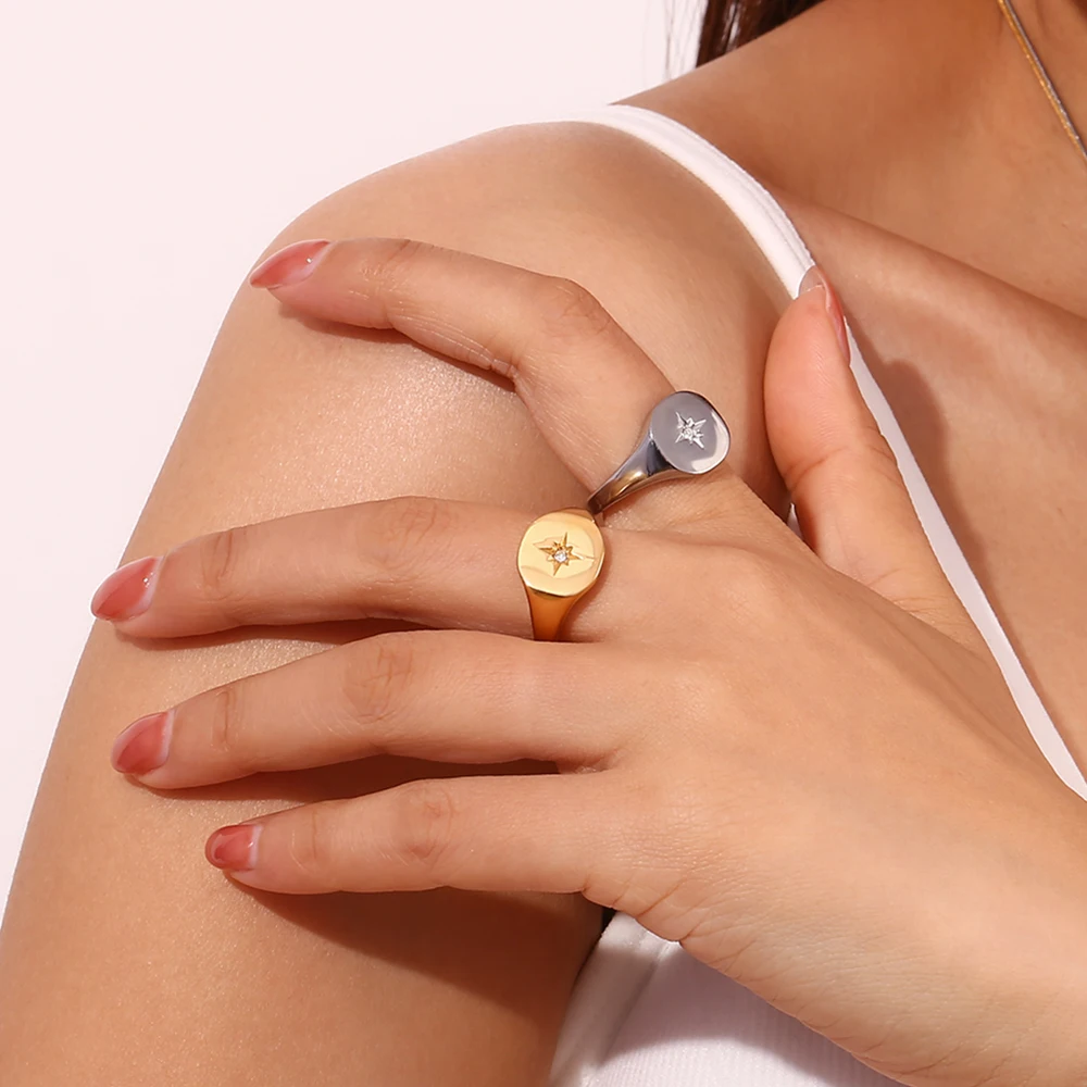E.B.belle Aspect North Star Seal Ring Silver Color Waterproof 316L Stainless Steel Jewelry 18K Gold Plated Accessories