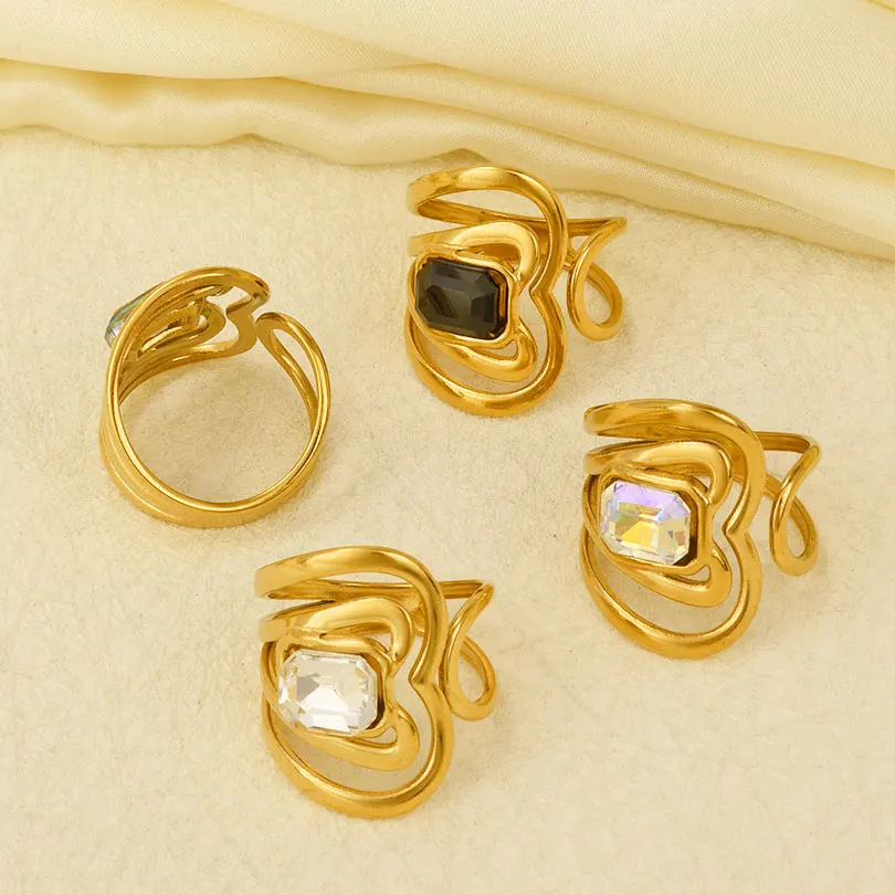 Personality Hollow Winding Lines Colorful Rectangular Rhinestone Ring Stainless Steel Real Gold Plated Fashionable Finger Gift